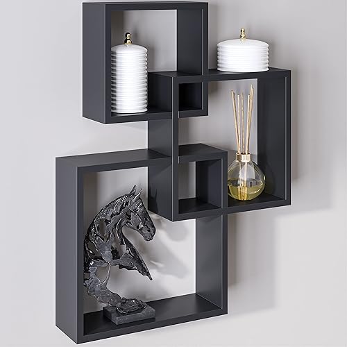 Ballucci Modern Interlocking Cube Floating Shelves, Wall Mount Wood Square Shelves for Living Room, Bedroom, Bathroom, Easy to Install Wall Decor Box Shelves, Black - Black