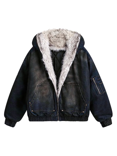 Thesupermade Washed Denim Fur Hooded Jacket | Deep blue / S