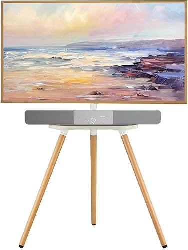 ECOTINY Tripod Easel TV Stand for 40 to 65 Inch LCD LED OLED Screen, Height Adjustable and Swievel Floor TV Stand, Corner TV Stand with Wooden Tray, VESA 400x400mm, Minimalist White - White+Beech