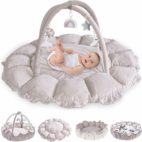 5-in-1 Thick & Plush Play Gym, Activity Gym & Play Mat, Cat Bed, Dog Bed, Convertible Stage-Based Developmental from Baby to Toddler, Ball Pit, Soft Plush Pet Bed, Pet Cushion, Balls are not Included