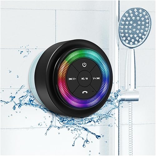 XLeader Shower Speaker, Upgraded,Certified IPX7 Waterproof, Mini Bluetooth Wireless Small Speaker with Lights, Suction Cup and Mic for Bathroom, Crystal Sound&Bass,12H Playtime, Ideal Electronic Gifts - Black wtih Light