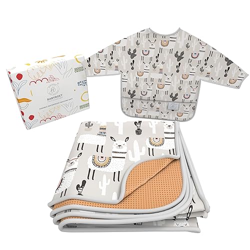 BABYBOET Splat Mat for Baby – Under High Chair Floor Mat Protects Wood, Vinyl and Carpet from Spills – Waterproof Triple Layer Baby Mat Bundle with Waterproof Matching Smock (51” x 51”) - Grey Alpaca