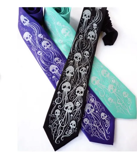 Jellyfish Necktie, Skull Necktie, Skull Tie, Neckties for Men, Unique Gift, Screen Printed Tie, Purple Tie, Teal Tie, Skelly Fish Necktie