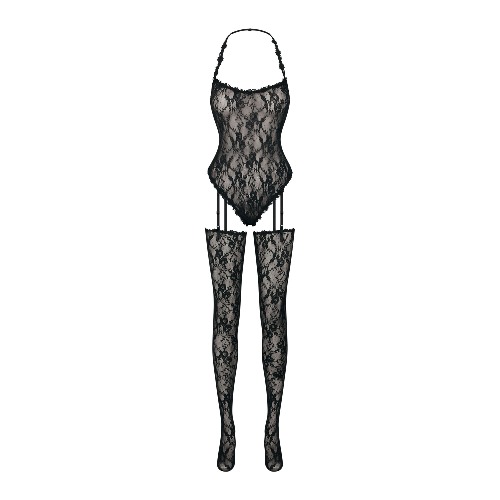 STRETCH LACE BODYSUIT AND STOCKINGS SET 