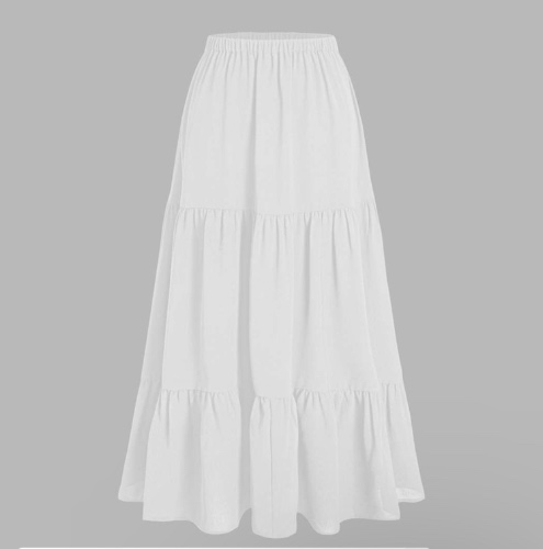 Solid Elastic Waist Ruffle Hem Tiered Midi Skirt