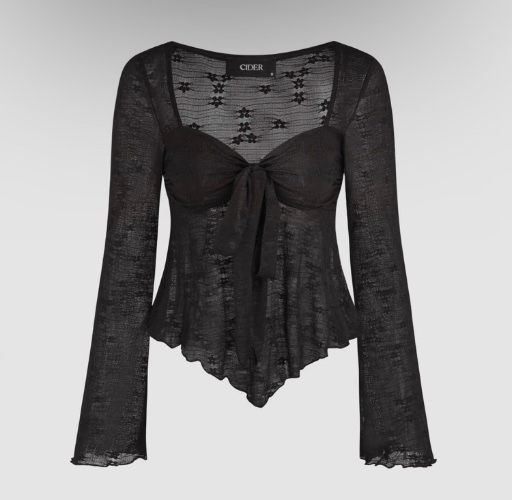 Lace Square Neck Knotted Long Sleeve Top