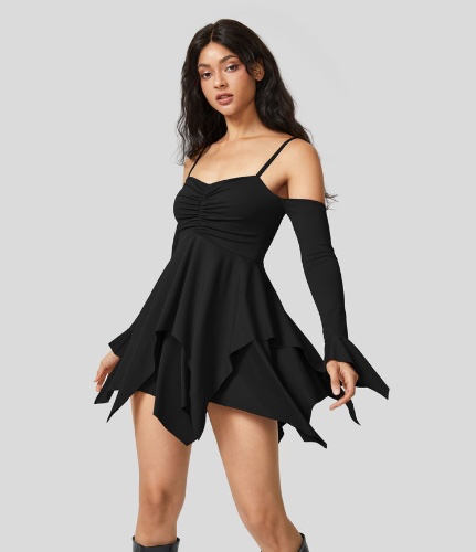 Adjustable Strap Ruched Backless Long Sleeve Layered Hanky Hem Mini Casual Dress