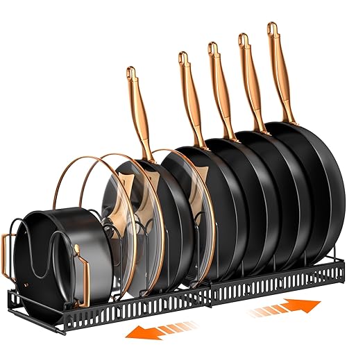 MUDEELA Pots and Pans Organizer : Rack for under Cabinet, Expandable Pot Lid Kitchen Cabinet Organizer Holder with 10 Adjustable Compartment, for Cutting Board, Cast-iron Pan, Heavy Cookware - 10 Dividers-Black