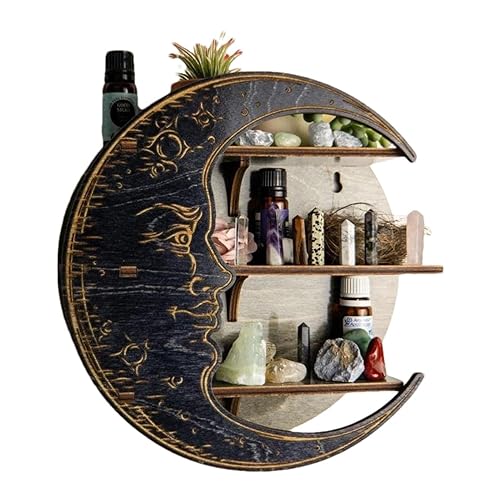 AUTOECHO Crescent Moon Shelf Wall Mounted | Wooden Decorative Moon Shelf Display for Crystals Stones, Oils Small Plant and Art, Hanging Floating Shelves Gothic Witchy Decor - Black