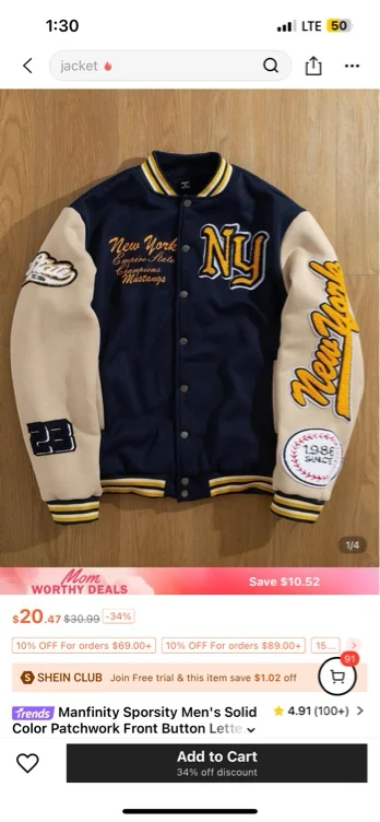 Manfinity Sporsity Men's Solid Color Patchwork Front Button Letter Print Casual Baseball Jacket, Going Out Street Wear Long Sleeve Color Block Jacket, For Friends, Husband, Boyfriend Gifts I discovered amazing products on SHEIN.com, come check them out! http://api-shein.shein.com/h5/sharejump/appjump?link=lFRwLUqaGoI_8&localcountry=US&url_from=GM71038742676