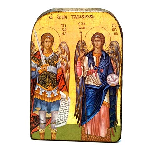 Handmade Wooden Greek Christian Orthodox Mount Athos Icon of Archangels Michael and Gabriel /Mp2 Brown