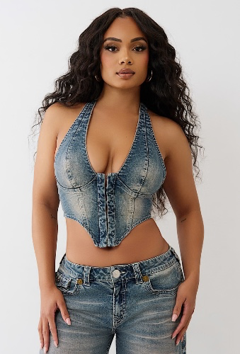 

EMBROIDERED DENIM HALTER CORSET TOP - Dark Wash | True Religion

