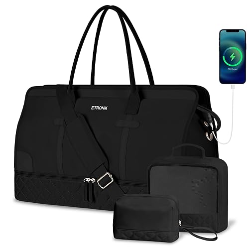 ETRONIK Weekender Overnight Bag for Women, Large Travel Duffle Bag with Shoe Compartment & Wet Pocket, Carry On Gym Duffel Bag with Toiletry Bag for Hospital 3 Pcs Set, Large Size, Black - Large - Black