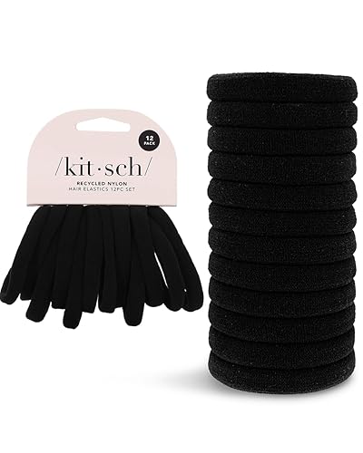 Kitsch Elastic Hair Ties for Women, Black Hair Ties No Damage, Black Rubber Bands for Hair, Hair Bands for Women's Hair & Ponytail Holders, Hair Elastics, Small Hair Ties for Thick Hair, 12pcs - Black Medium (Pack of 12)