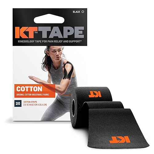 KT Tape, Original Cotton, Elastic Kinesiology Athletic Tape, 20 Count, 10” Precut Strips - Black