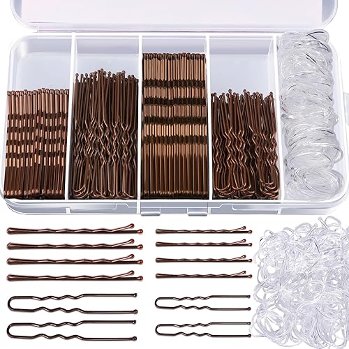 Teenitor 300pcs Bobby Pins Hair Pins Kit, 100 Hair Pins for Women 100 Bobby Pins Brown Hair and 100 Hair Bands, Hair Pins for Buns, U Shape Pins 2inch 2.36inch Bobby Pins for Women 2inch, 2.75inch - Brown