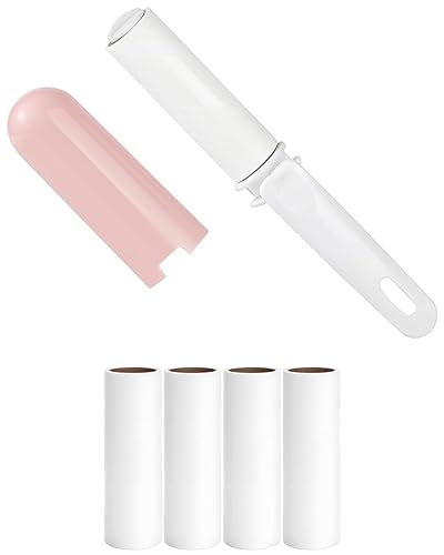 Mini Travel Lint Roller with Cover and 4 Refills Total 150 Sticky Sheets Compact Lint Remover for Pocket Travel Essentials for Clothes Great for Lint Debris Pet Hair Pickup (Pink) - Pink