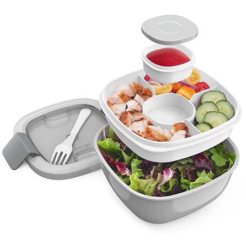 Bentgo All-in-One Salad Container - Large Salad Bowl, Bento Box Tray, Leak-Proof Sauce Container, Airtight Lid, & Fork for Healthy Adult Lunches; BPA-Free & Dishwasher/Microwave Safe (Gray) - Gray