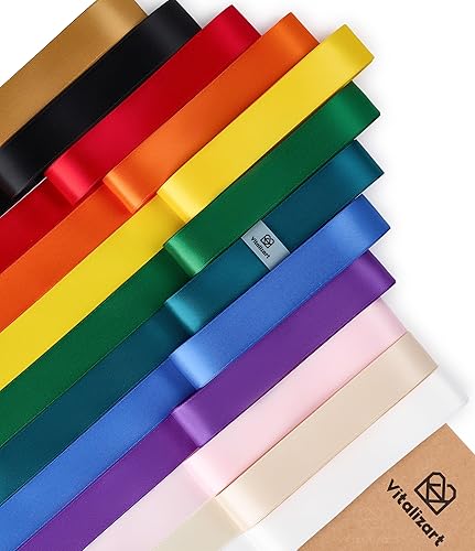 Vitalizart Ribbon for Crafts Rainbow 1" x 36Yd Satin Ribbon Continuous Double Face Gift Wrapping Silk Like Fabric Flower Bouquet Birthday Party Decorations Bridal Shower Wreath Hair 12 Assorted Color - Rainbow Ribbon 36Yd