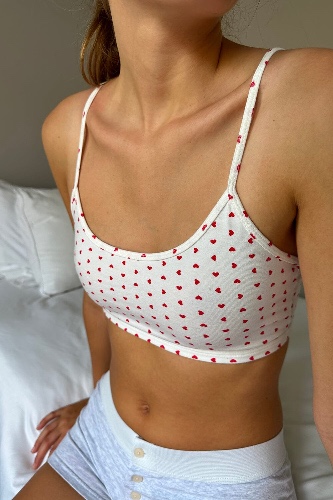 Laney Hearts Bra Top | White With Red Hearts / XS/S