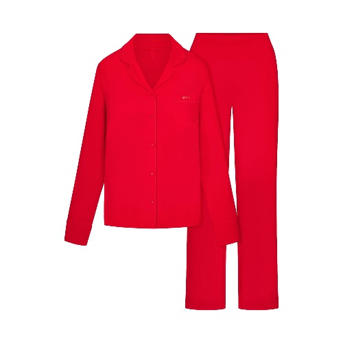 SKIMS SLEEP LONG SLEEVE BUTTON UP SET | RUBY | XXS