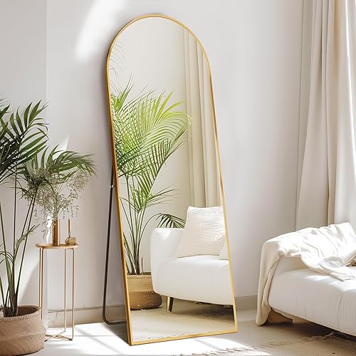 Sweetcrispy 64"x21" Arched Full Length Mirror, Standing or Leaning Full Body Mirror with Aluminum Alloy Thin Frame, Suitable for Bedroom or Cloakroom,Gold - Arched-top - Gold - 64"L x 21"W