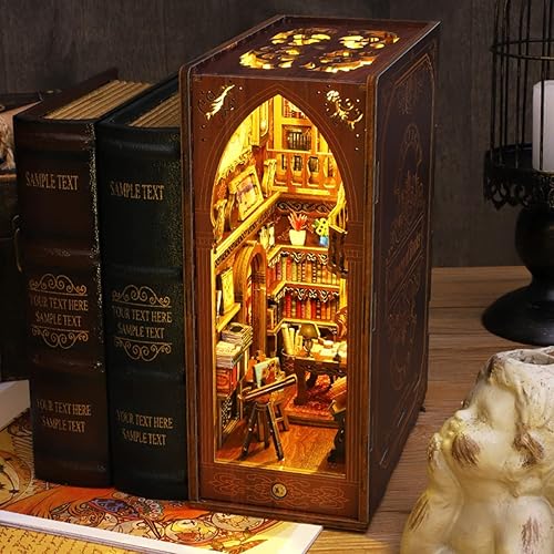 3D Wooden Puzzle Bookends, 2025 New DIY Book Nook Kit, Magic Book House Model Building Kit Insert Decor with Sensor Light, Stand Bookshelf for Home Decorative Books Ornaments (Library of Books) - Library of Books
