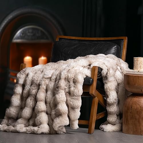 EVERGRACE Ultra Soft Luxury Fluffy Ridgeline Faux Rabbit Fur Throw Blanket, Thick Warm Bubble Throw for Bed, Cozy Plush Reversible Blankets for Couch, Chair, Sofa, Light Grey, 50x60 Inches, 870 GSM - Marble Grey - 50''x60''