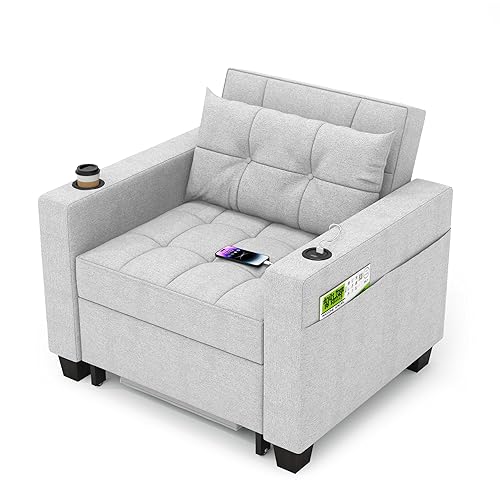 DURASPACE 39 inch Futon Chair Bed Convertible Chair 3-in-1 Pull Out Sleeper Reading Chair Beds with USB, Armchair Sleeper Bed for Living Room, Dorm, Small Space (Light Gray Linen) - Light Gray Linen