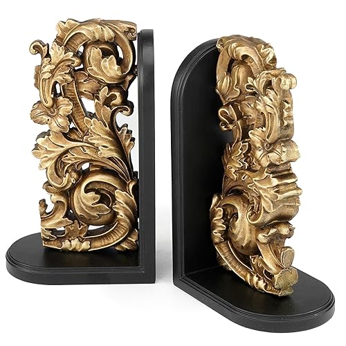 AELS Vintage Heavy Duty Bookends, Decorative Book Ends for Heavy Books, Unique Rustic Bookend Supports for Shelves, Stopper for Books/Movies/CD, Farmhouse Decoration, Bronze Gold & Black - Black and Gold