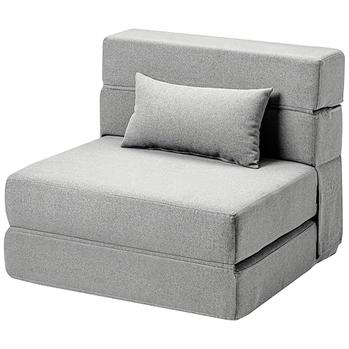 SUYOLS Convertible Folding Sofa Bed - Chair Bed Sleeper with Pillow, Modern Linen Fabric Fold Out & Futon Couch, Foldable Mattress for Living Room/Dorm/Guest Use/Home Office, Single Plus, Light Gray - Light Gray - Single Plus