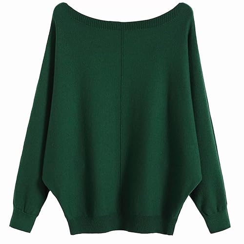 Ckikiou Womens Lightweight Oversized Boat Neck Sweaters Tops Dolman Batwing Sleeve Ribbed Knitted Pullovers - One Size - Green-2