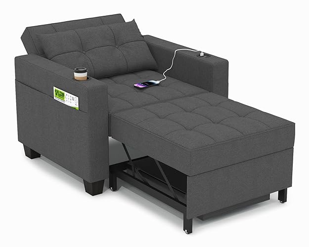 DURASPACE 39 Inch Sleeper Chair 3-in-1 Convertible Chair Bed Pull Out Sleeper Chair Beds Adjustable Single Armchair Sofa Bed with USB Ports, Side Pocket, Cup Holder (Dark Gray Linen) - Dark Gray Linen