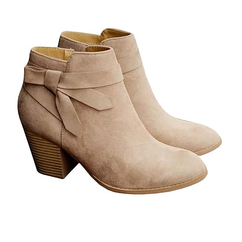 PiePieBuy Women's Tie Knot Chelsea Pump Ankle Boots Closed Toe Stacked Heel Booties Shoes - 8.5 Brown