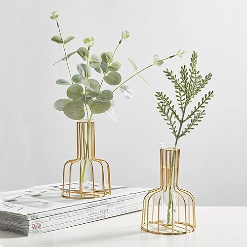2 Pcs Gold Flower Vase with Metal Frame, Clear Glass Test Tube Vases Decorative, Small Bud Vases Gifts use for Wedding Decoration Table Flower Decoration Interior Decoration Living Room Decoration - 1-gold