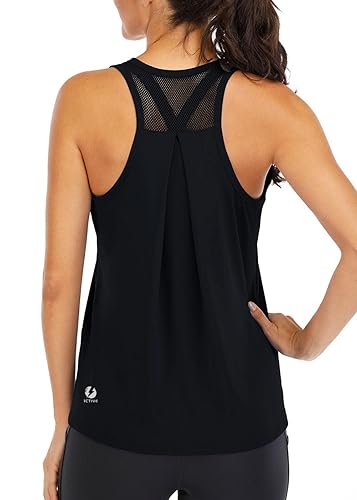ICTIVE Workout Tops for Women Loose Fit Racerback Mesh Backless Muscle Tank Running Shirts - X-Large - Black