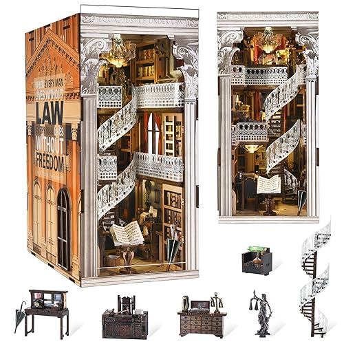 MiniCity DIY Book Nook Kit, Miniature Dollhouse Booknook Kit, 3D Wooden Puzzle Bookend Bookshelf Insert Decor with LED Light for Teens and Adults (Law Library)