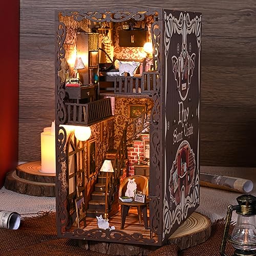 3D Wooden Puzzle Bookends, 2025 New DIY Book Nook Kit, Magic Book House Model Building Kit Insert Decor with Sensor Light, Stand Bookshelf for Home Decorative Books Ornaments (New Secret Castle) - Book loft