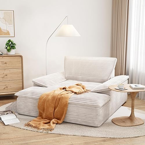 LIKIMIO 59'' Oversized Chaise Lounge Chair Indoor, Upholstered Sofa Bed with Thick Cushion and Armrests, Sleeper Chair - Plush Corduroy Chair Bed for Living Room, Bedroom (Beige) - Beige
