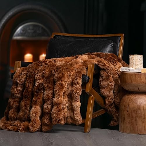 EVERGRACE Ultra Soft Luxury Fluffy Ridgeline Faux Rabbit Fur Throw Blanket, Thick Warm Bubble Throw for Bed, Cozy Plush Reversible Blankets for Couch, Chair, Sofa, Lion Caramel, 50x60 Inches, 870 GSM - Marble Caramel Brown - 50''x60''