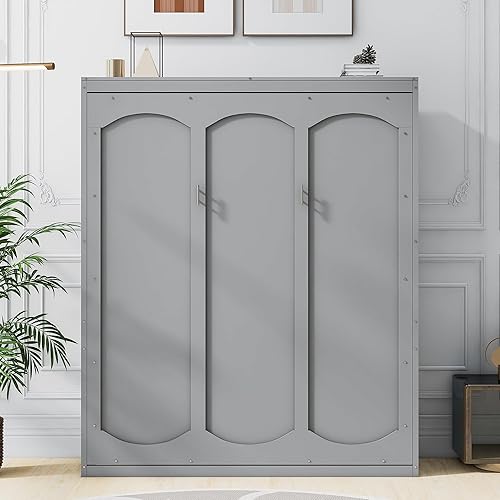Merax Queen Size Murphy Bed, Wood Queen Murphy Cabinet Bed with Shelves, Wall Bed for Home Office or Small Room, Gray - Grey - Queen