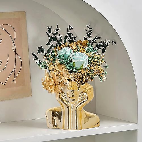 Flower Vase for Decor Gold Ceramic Face Vase for Flowers, Head Vase, Female Form Head Bust Vases, Modern Minimalism Vase for Home Decor Living Room Office Table Desk Decoration (W 6" x H 5") - Gold