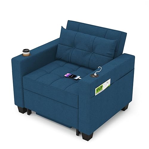 DURASPACE 39 inch Futon Chair Bed Convertible Chair 3-in-1 Pull Out Sleeper Reading Chair Beds with USB, Armchair Sleeper Bed for Living Room, Dorm, Small Space (Blue Linen) - Blue Linen