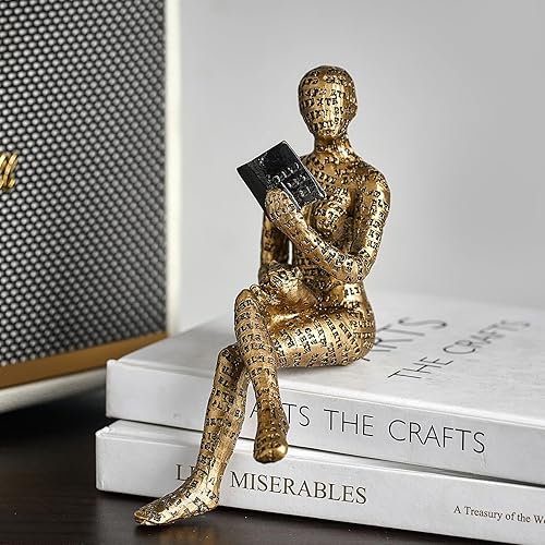 Gold Thinker Reading Statues for Home Decor, Pulp Women Figurine Bookshelf Decor, Shelf Decorations for Living Room Office, Modern Abstract Resin Sculptures for Coffee Table Desk, Gifts for Women - Gold Sitting at Table