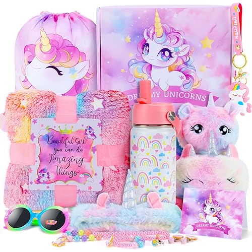 Unicorn Toys for Girls Kids Toys 5 6 7 8 9 10+ Years Old, Kids Unicorn Gifts with Glowing Blanket/ Water Bottle/ Eye Mask/Headband/Crossbody Bag/Sunglass/12PCS Birthday Gift Toys for Girls 6-10+ - Pink