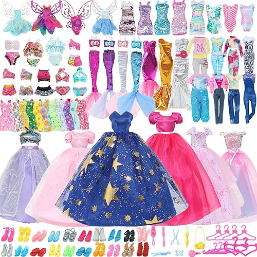 60pcs Doll Clothes and Accessories Fashion Dress Wedding Gowns, Daily Tops Pants Outfits Jumpsuit Swimsuits Bikini, 10 Mini Dresses Skirts, Shoes Hangers Dollhouse Accessories for 11.5 inch Girl Doll - 60 pcs doll clothes accessories