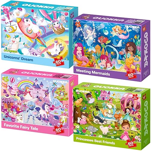 QUOKKA Puzzles for Kids Ages 4-6 - Set of 4x60 Jigsaw Puzzles for Toddlers 3-5 - Unicorn Princess Animals Toys for Children 6-8 yo - Gift Educational Game for Boys & Girls - Original