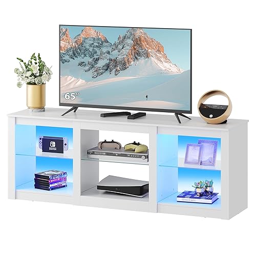WLIVE LED TV Stand for 65-Inch TV, 58-Inch Entertainment Center with Adjustable Glass Shelves, Modern Media Console for Living Room & Bedroom, White - 58 Inch - White