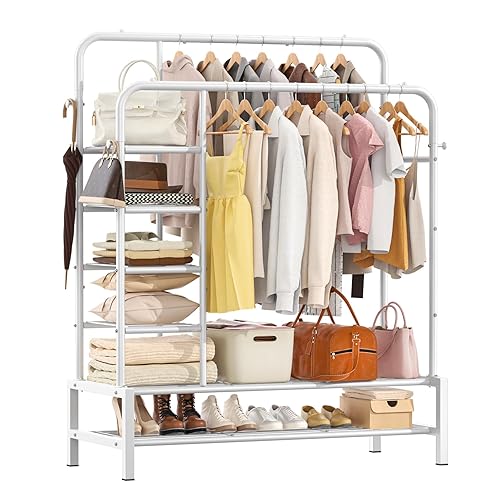 ZHKINGGS Sturdy Heavy Duty Double Rodding Clothes Rack, Portable Clothing Rack for Hanging Clothes, Multi-Functional Portable Closet with Shelves & Hooks（Modern, White）
