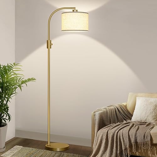 【Upgraded】 Dimmable Gold Floor Lamp, 1200 Lumens LED Bulb Included, Arc Floor Lamps for Living Room Modern Standing Lamp with Linen Shade, Tall Lamp for Living Room Bedroom Office Reading Room Nursery - Gold-Linen Shade